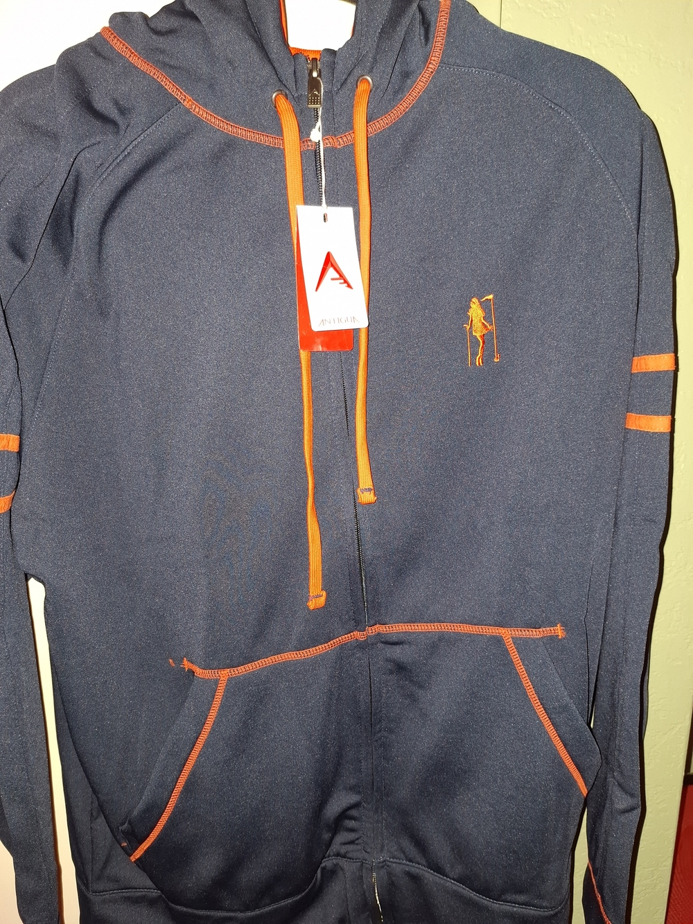 Antigua Velocity men's navy/orange full zip hooded fleece hoodie pockets L